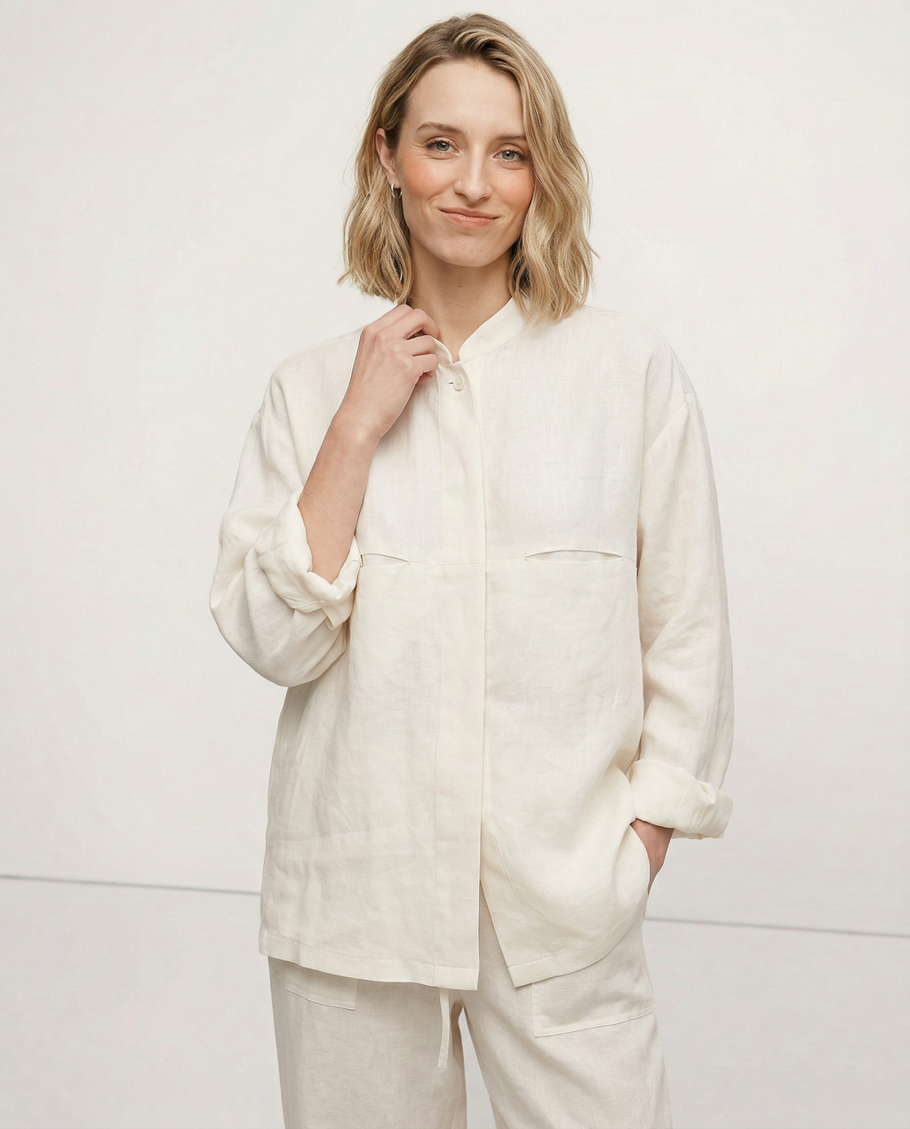 Linen Madeline Collar Jacket Shirt for Women - Casual Summer Wear