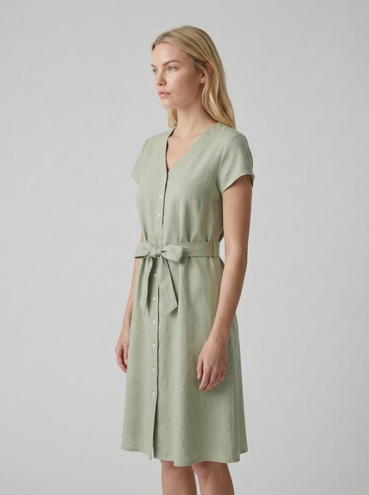 Linen V-Neck Midi Dress for Women with Tie Waist - Casual Summer Wear