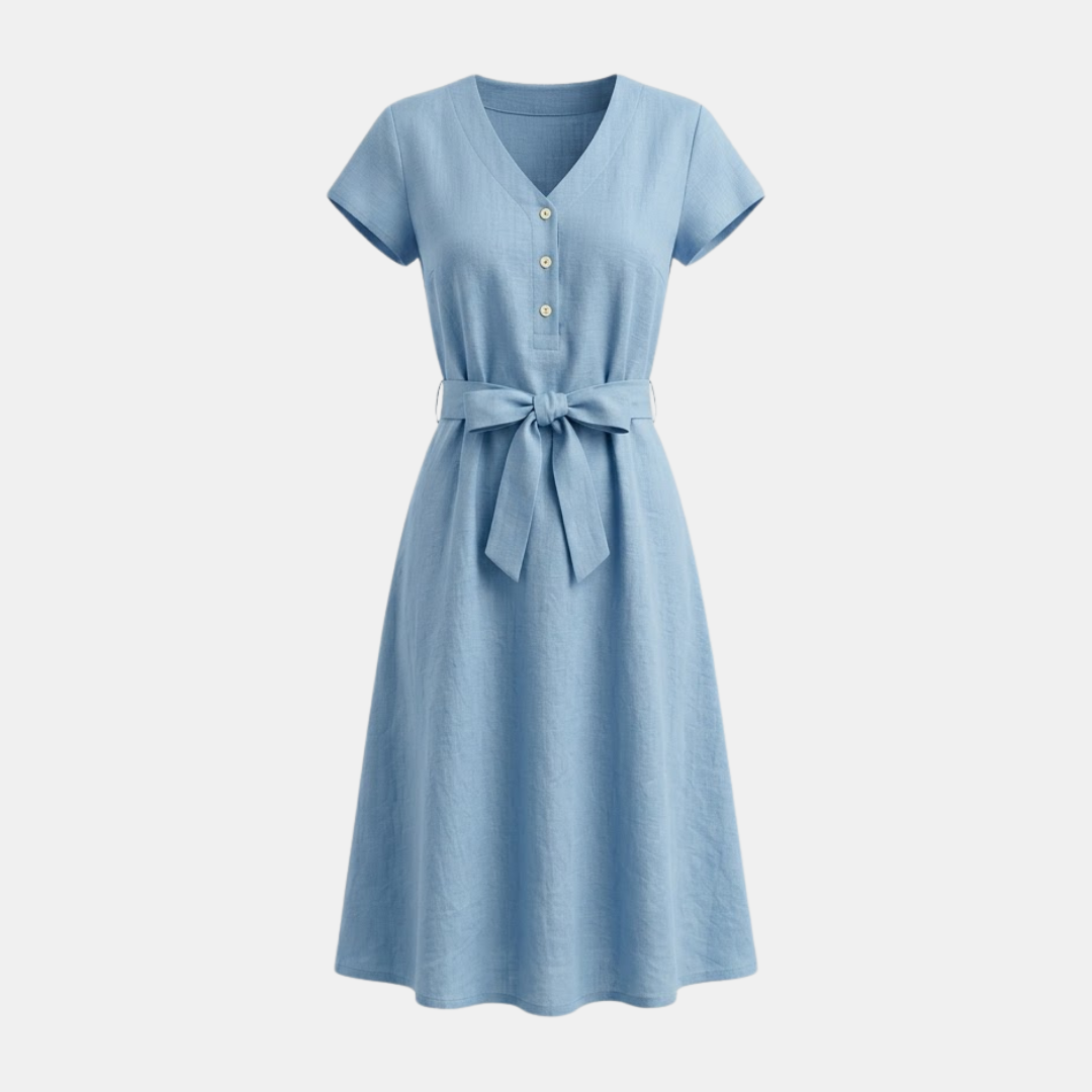 Linen V-Neck Midi Dress for Women with Tie Waist - Casual Summer Wear