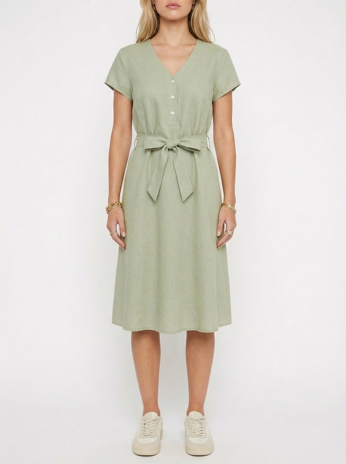 Linen V-Neck Midi Dress for Women with Tie Waist - Casual Summer Wear