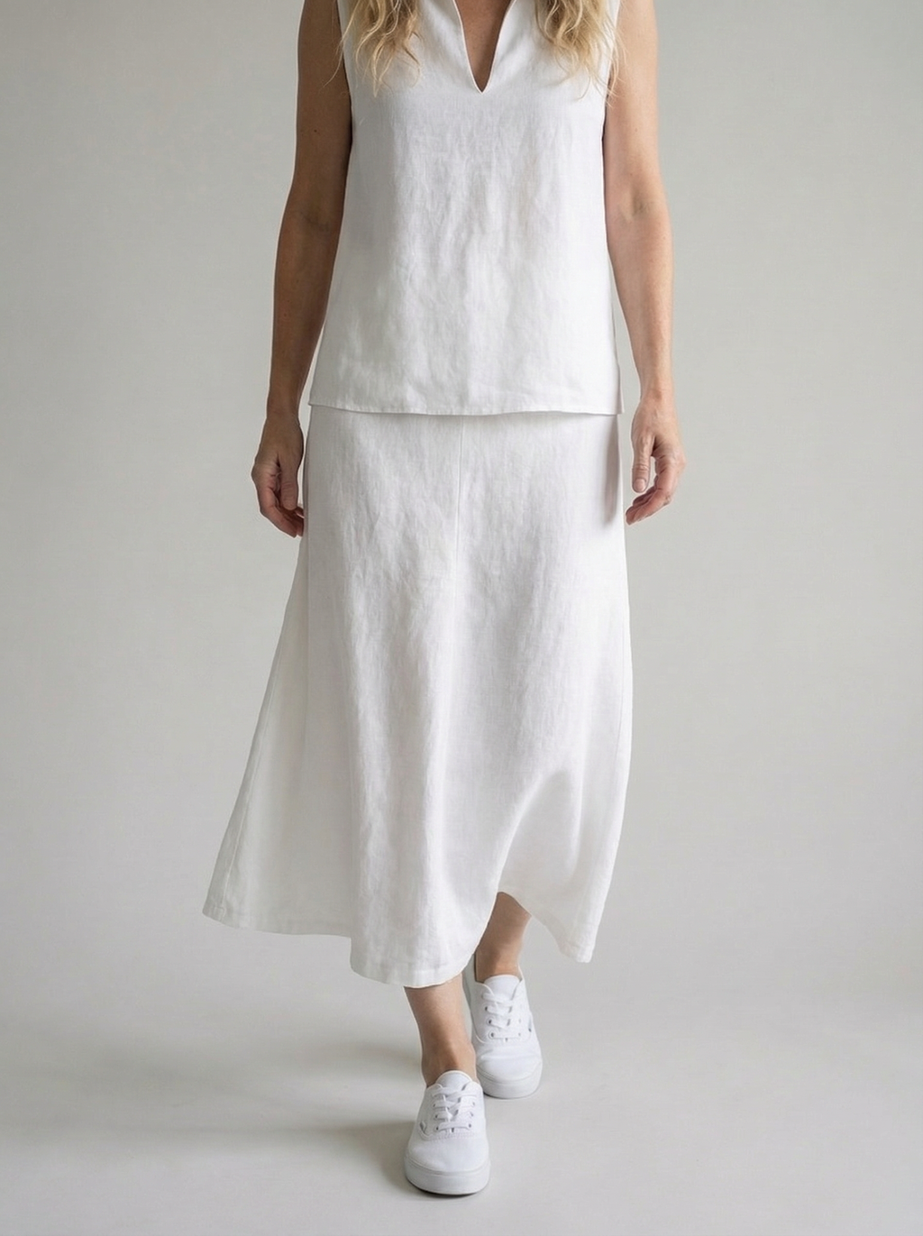 Linen Women's Co-ord Set: Sleeveless V-Neck Top & Skirt for Casual Wear