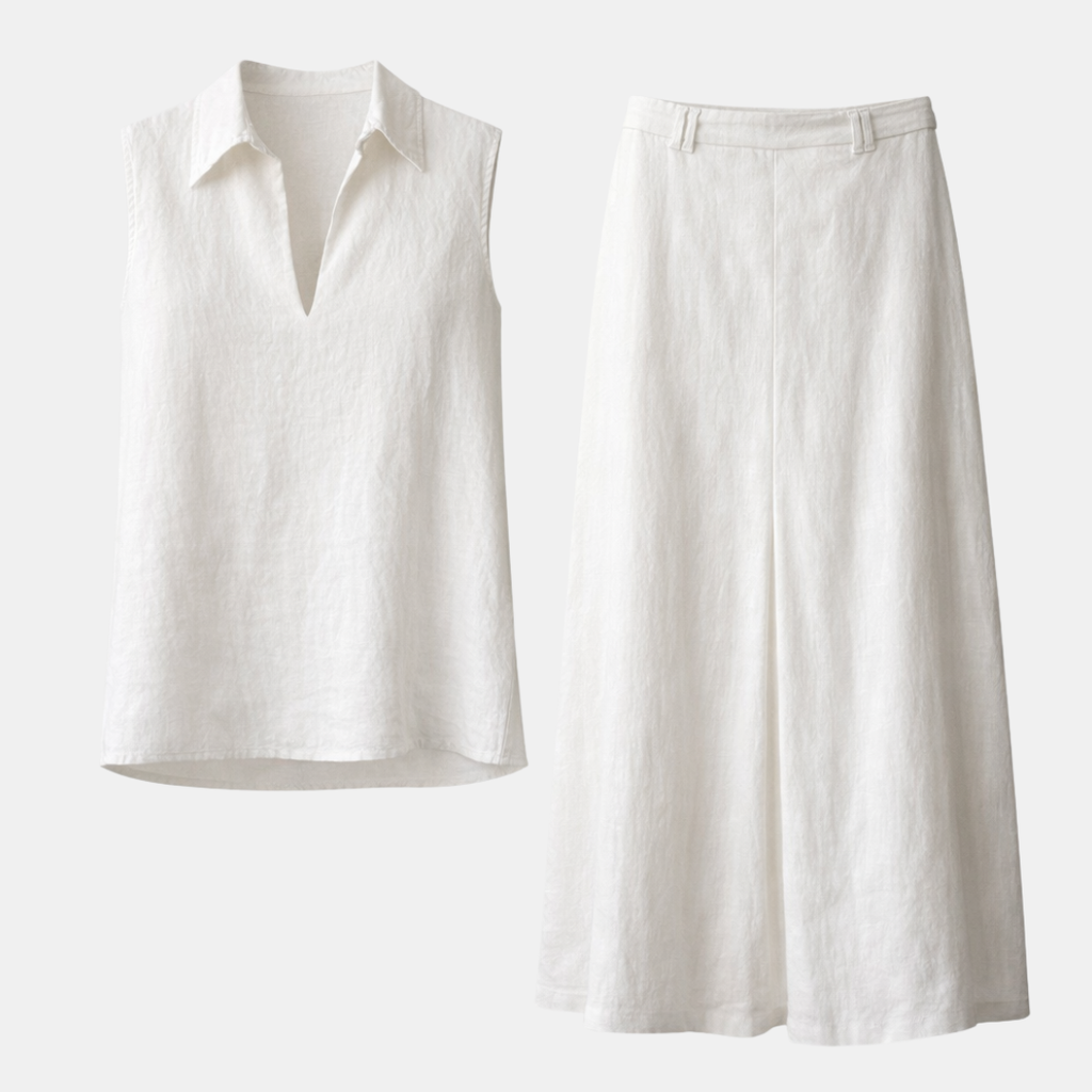 Linen Women's Co-ord Set: Sleeveless V-Neck Top & Skirt for Casual Wear