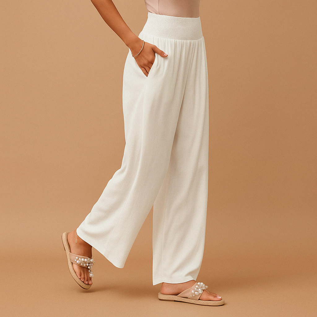 Linen Women's Trousers - Elastic Waist, Straight Leg - Casual Everyday Wear