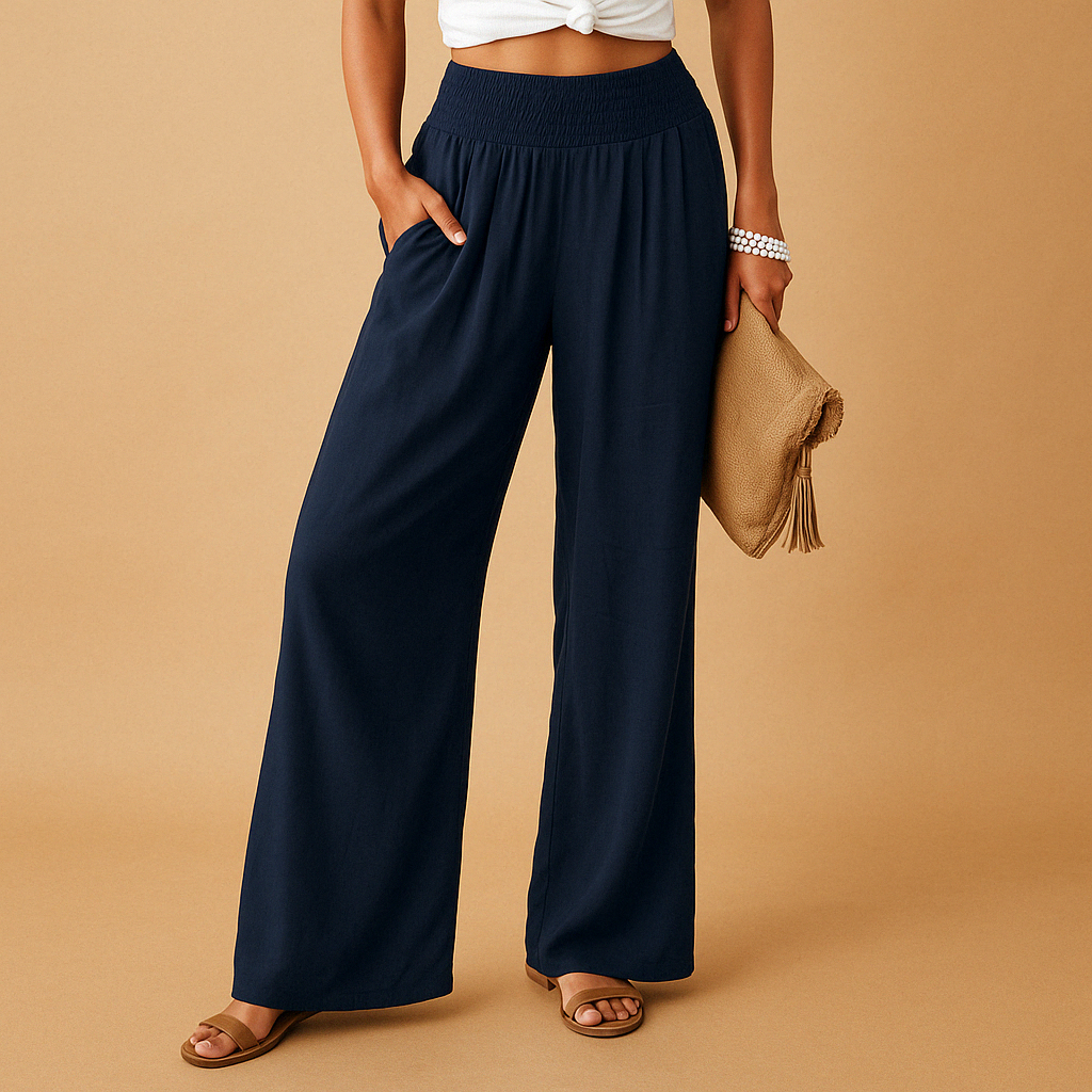 Linen Women's Trousers - Elastic Waist, Straight Leg - Casual Everyday Wear