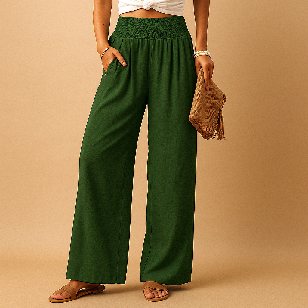 Linen Women's Trousers - Elastic Waist, Straight Leg - Casual Everyday Wear