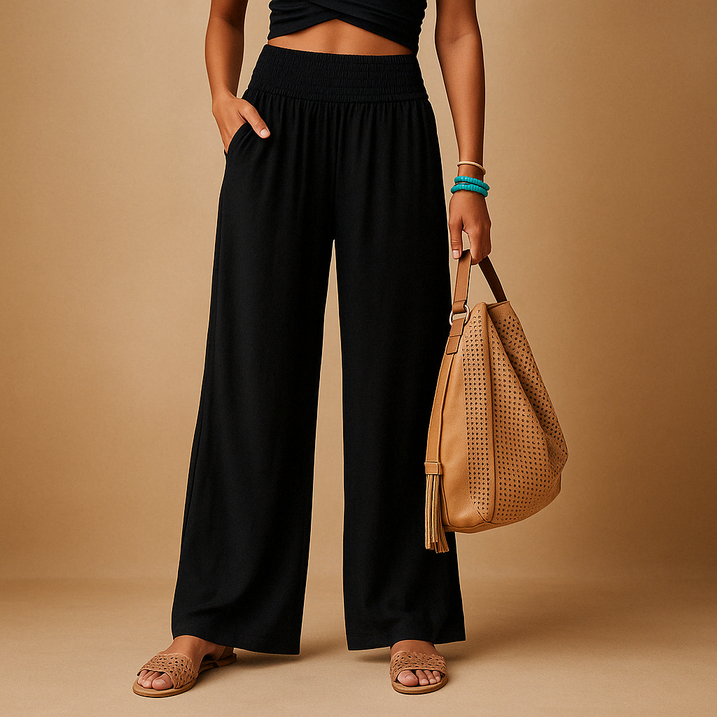Linen Women's Trousers - Elastic Waist, Straight Leg - Casual Everyday Wear