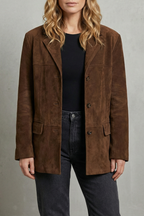Women's Brown Suede-Look Blazer with Structured Shoulders – Coffee