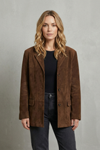 Women's Brown Suede-Look Blazer with Structured Shoulders