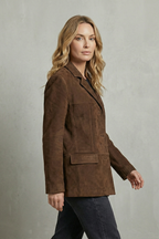 Women's Brown Suede-Look Blazer with Structured Shoulders