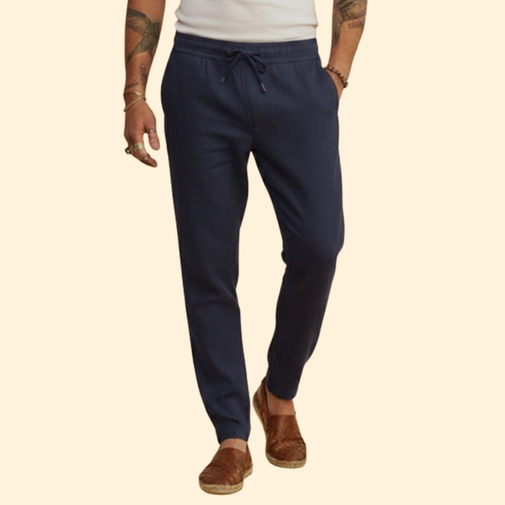 Men's Tapered Casual Trousers – Elastic Waist – Dark Blue