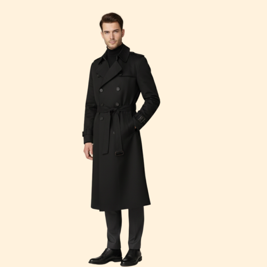 Men's Classic Trench Coat with Belt – Office & Casual – Black
