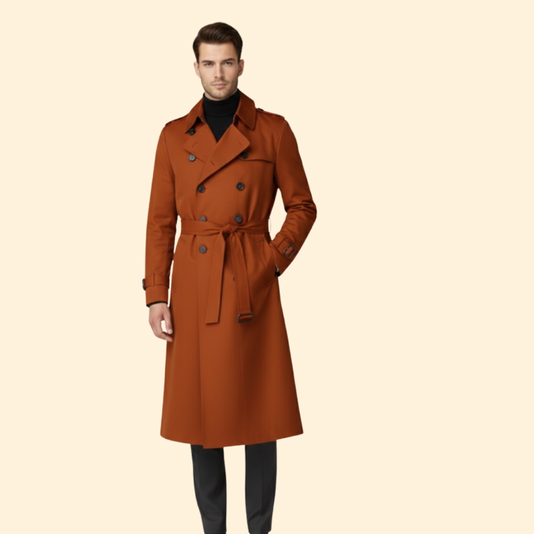 Men's Classic Trench Coat with Belt – Office & Casual – Orange