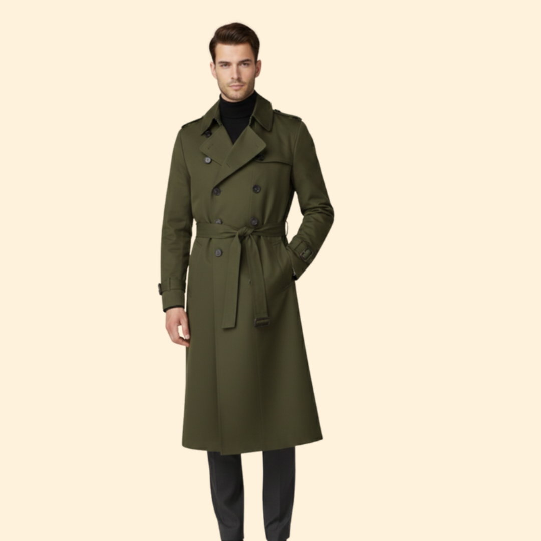 Men's Classic Trench Coat with Belt – Office & Casual – Green