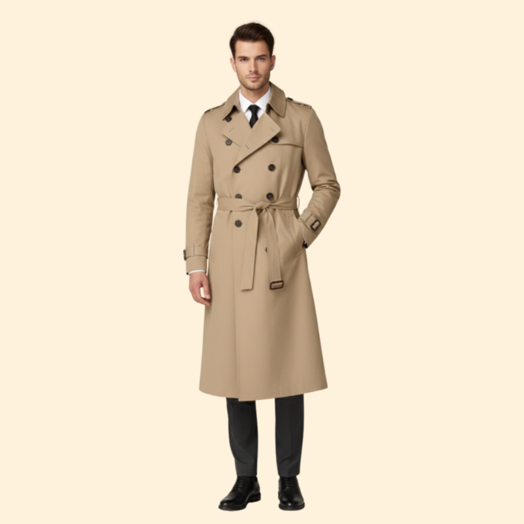 Men's Classic Trench Coat with Belt – Office & Casual – Khaki