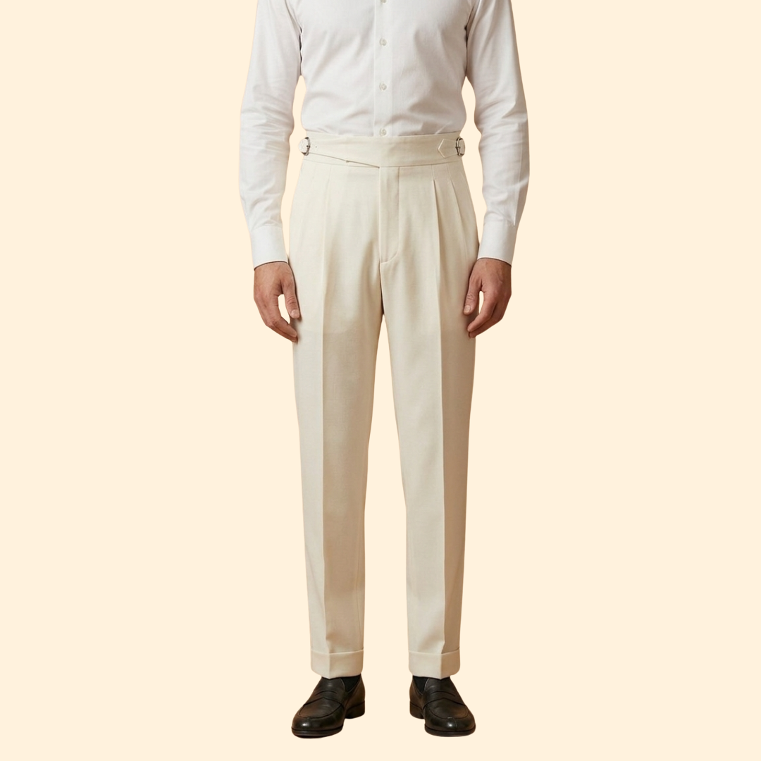Men's High-Waisted Tailored Trousers with Buckle – White