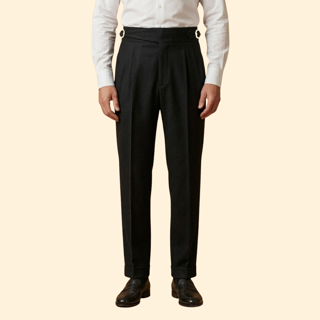 Men's High-Waisted Tailored Trousers with Buckle – Black