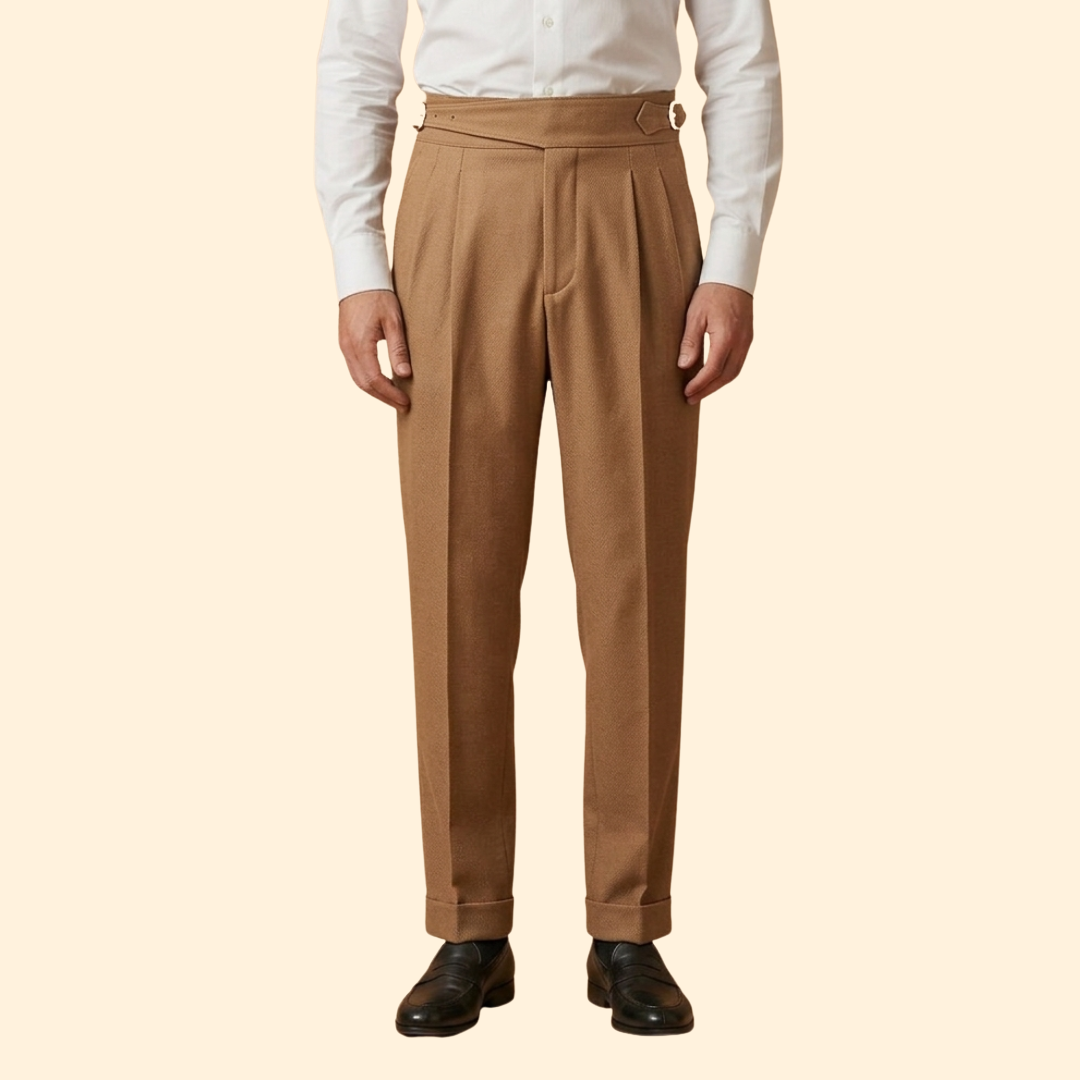 Men's High-Waisted Tailored Trousers with Buckle – Camel