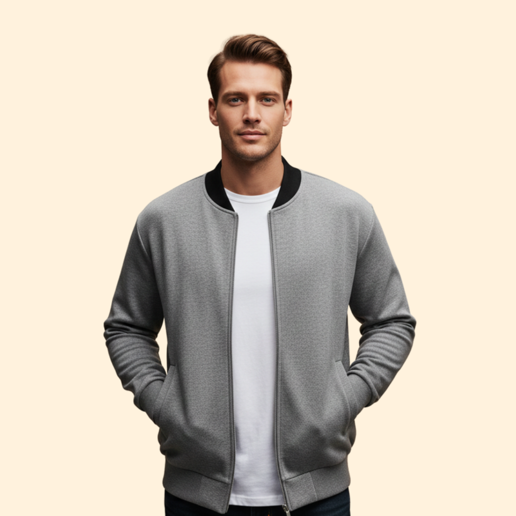 Men's High Collar Full-Zip Sport Bomber Jacket – Light Grey
