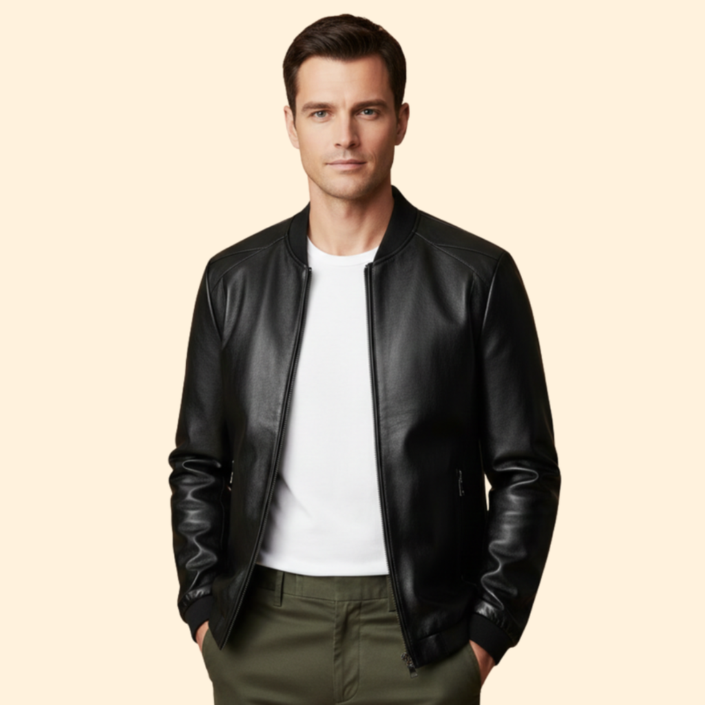 Men's Leather-Look Panelled Bomber Jacket – Black