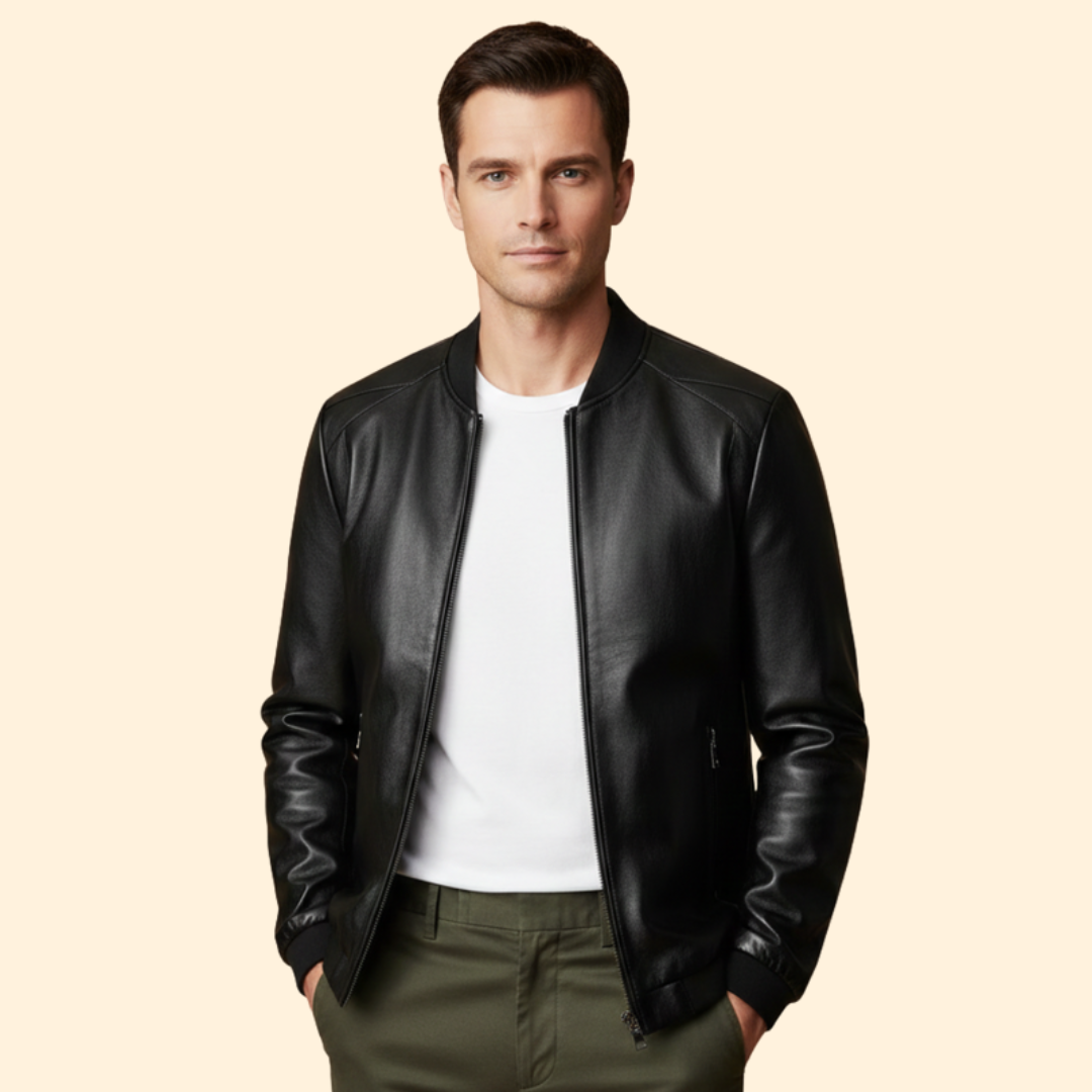 Men's Leather-Look Panelled Bomber Jacket – Black