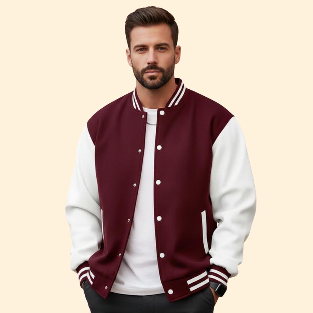 Men's Varsity Bomber Jacket – Contrast Trim – Burgundy