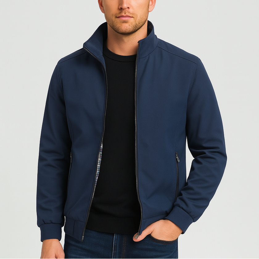 Men's Bomber Jacket with Checked Lining and Ribbed Trims for Casual Wear