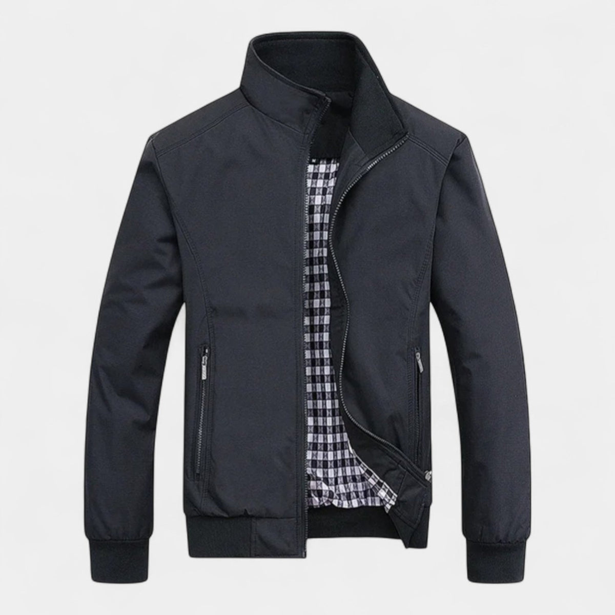 Men's Bomber Jacket with Checked Lining and Ribbed Trims for Casual Wear