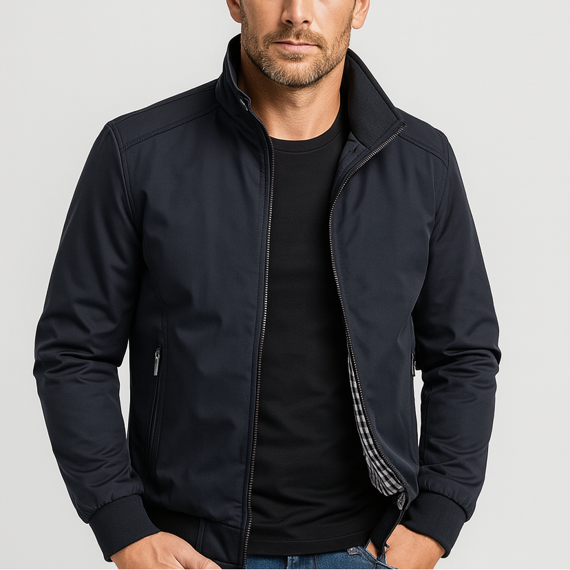 Men's Bomber Jacket with Checked Lining and Ribbed Trims for Casual Wear