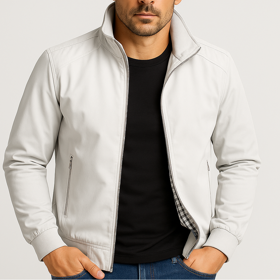 Men's Bomber Jacket with Checked Lining and Ribbed Trims for Casual Wear