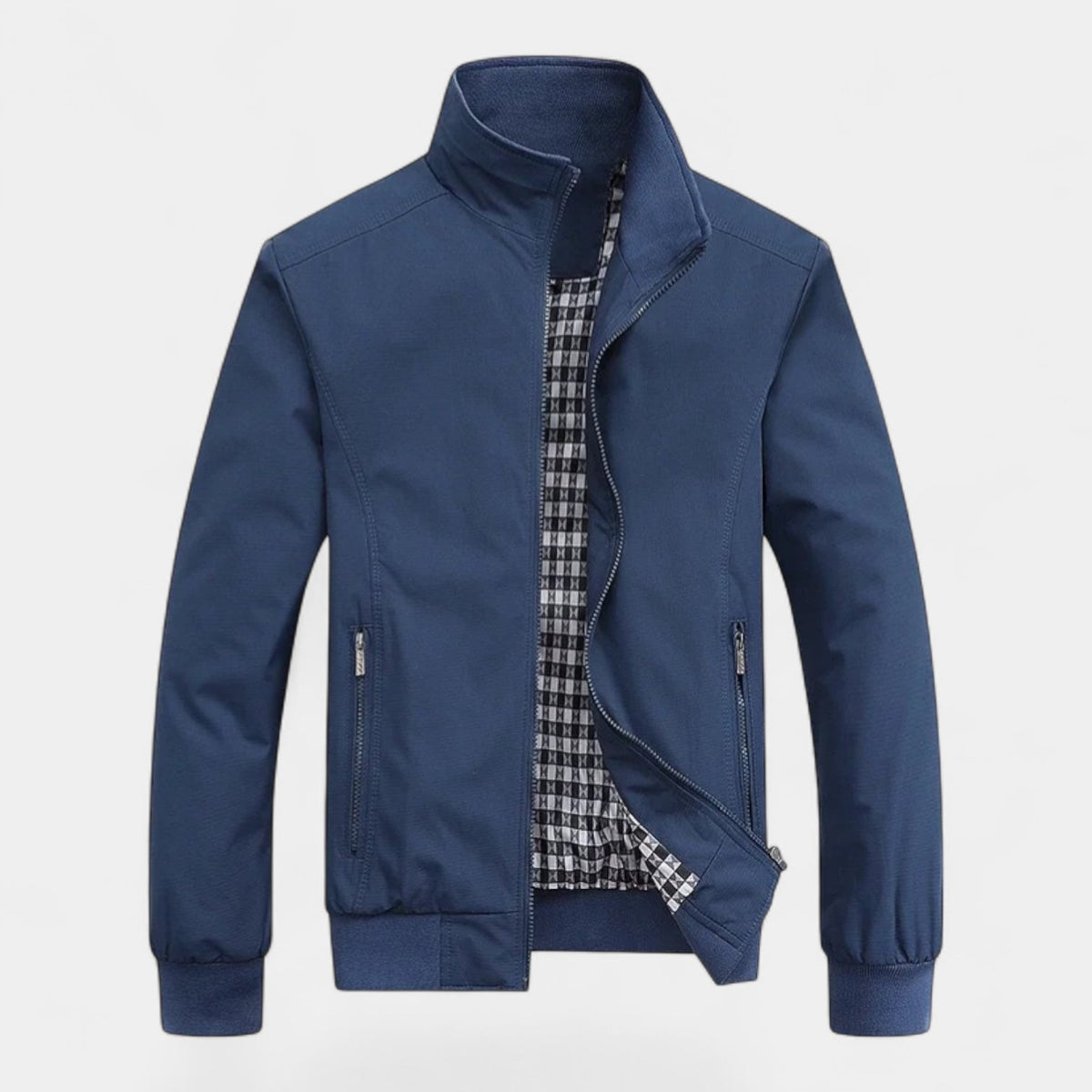 Men's Bomber Jacket with Checked Lining and Ribbed Trims for Casual Wear