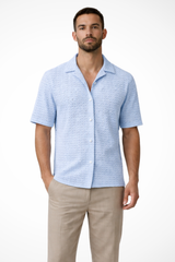 Men's Chevron Textured Short Sleeve Summer Shirt - Open Collar Casual Wear