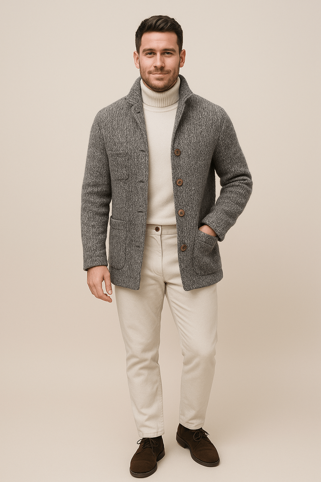 Men's Chunky Knit Cardigan with Stand-Up Collar and Button Closure for Casual Wear