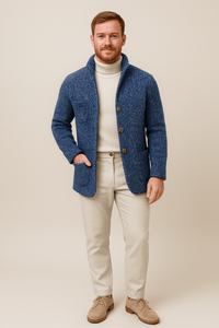 Men's Chunky Knit Cardigan with Stand-Up Collar and Button Closure for Casual Wear