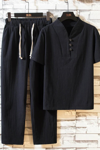 Men's Cotton Linen Summer Shirt and Trouser Set - Two Piece Outfit