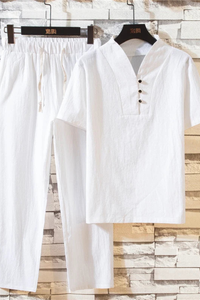 Men's Cotton Linen Summer Shirt and Trouser Set - Two Piece Outfit