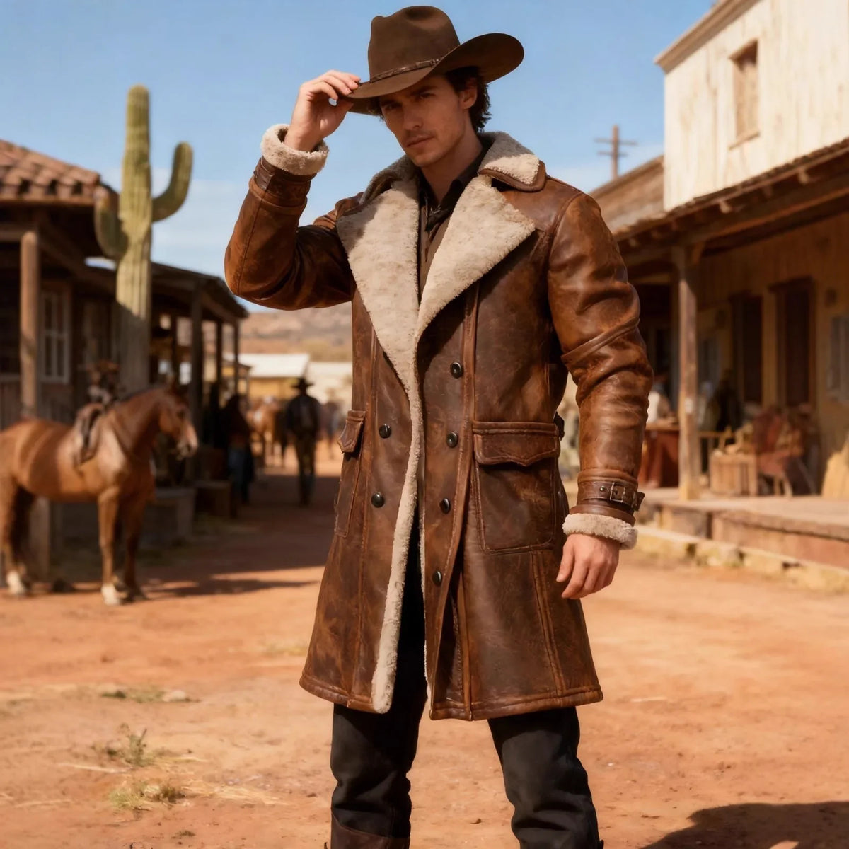 Men's Faux Shearling Longline Coat in Brown – Suede-Look Winter Coat