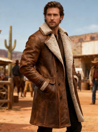 Men's Faux Shearling Longline Coat in Brown – Suede-Look Winter Coat