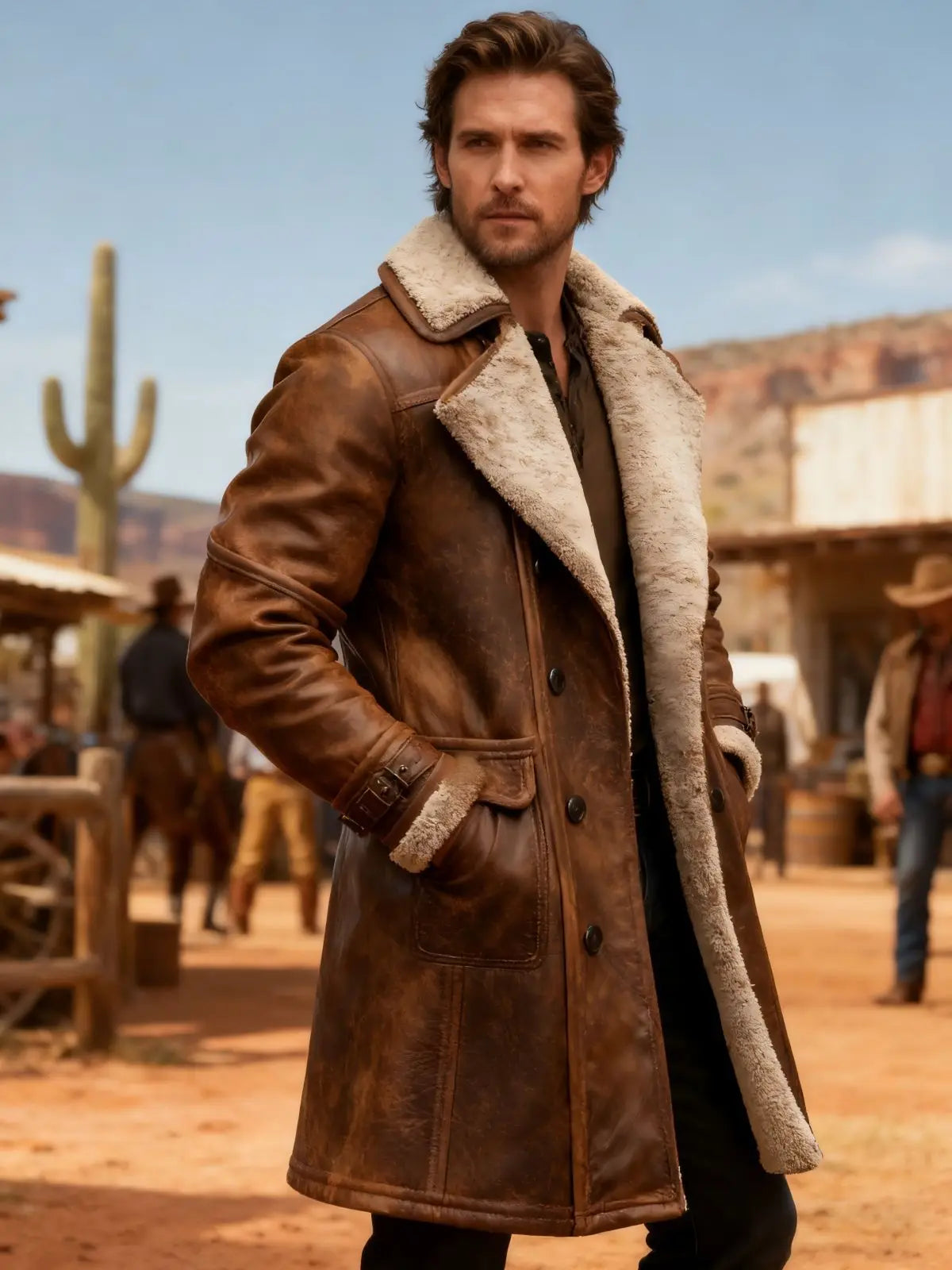 Men's Faux Shearling Longline Coat in Brown – Suede-Look Winter Coat