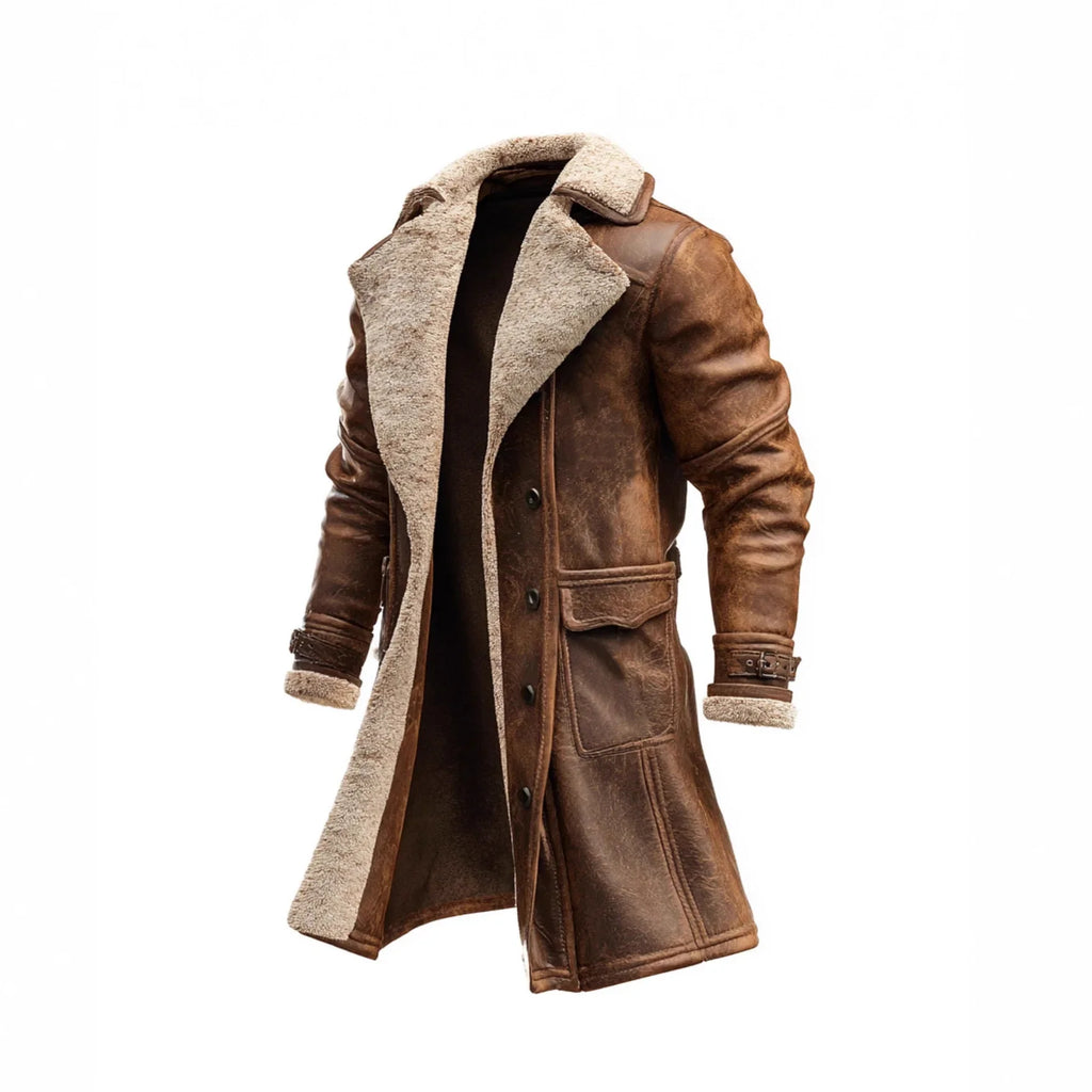 Men's Faux Shearling Longline Coat in Brown – Suede-Look Winter Coat