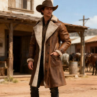 Men's Faux Shearling Longline Coat in Brown – Suede-Look Winter Coat