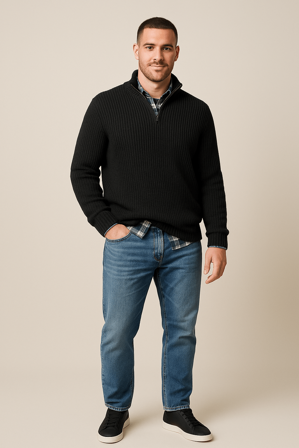 Men's Half-Zip Ribbed Knit Sweater - Warm High Collar for Casual Outdoor Wear