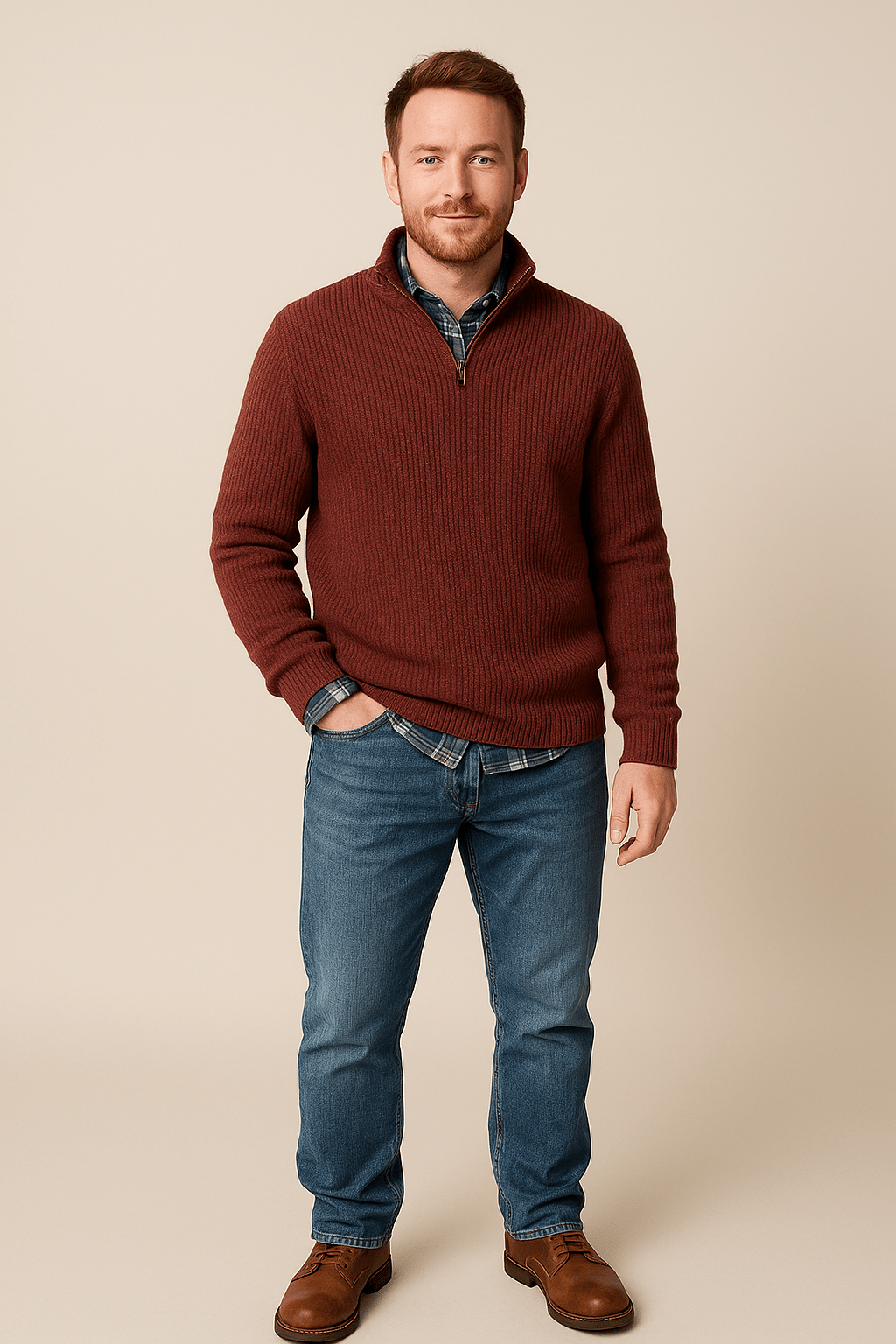 Men's Half-Zip Ribbed Knit Sweater - Warm High Collar for Casual Outdoor Wear