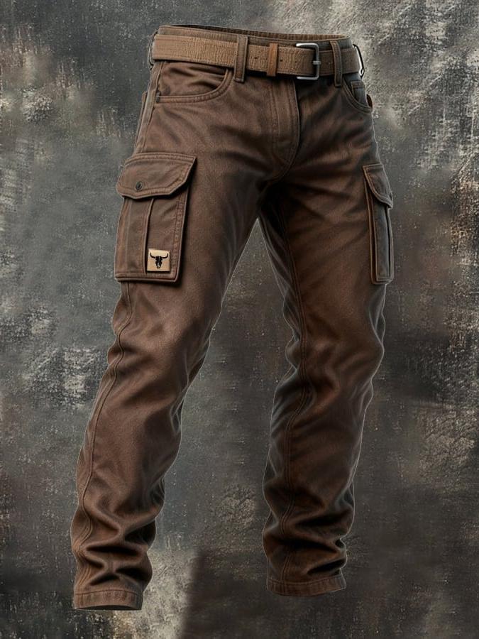 Men's Brown Insulated Canvas Utility Trousers with Cargo Pockets – brown