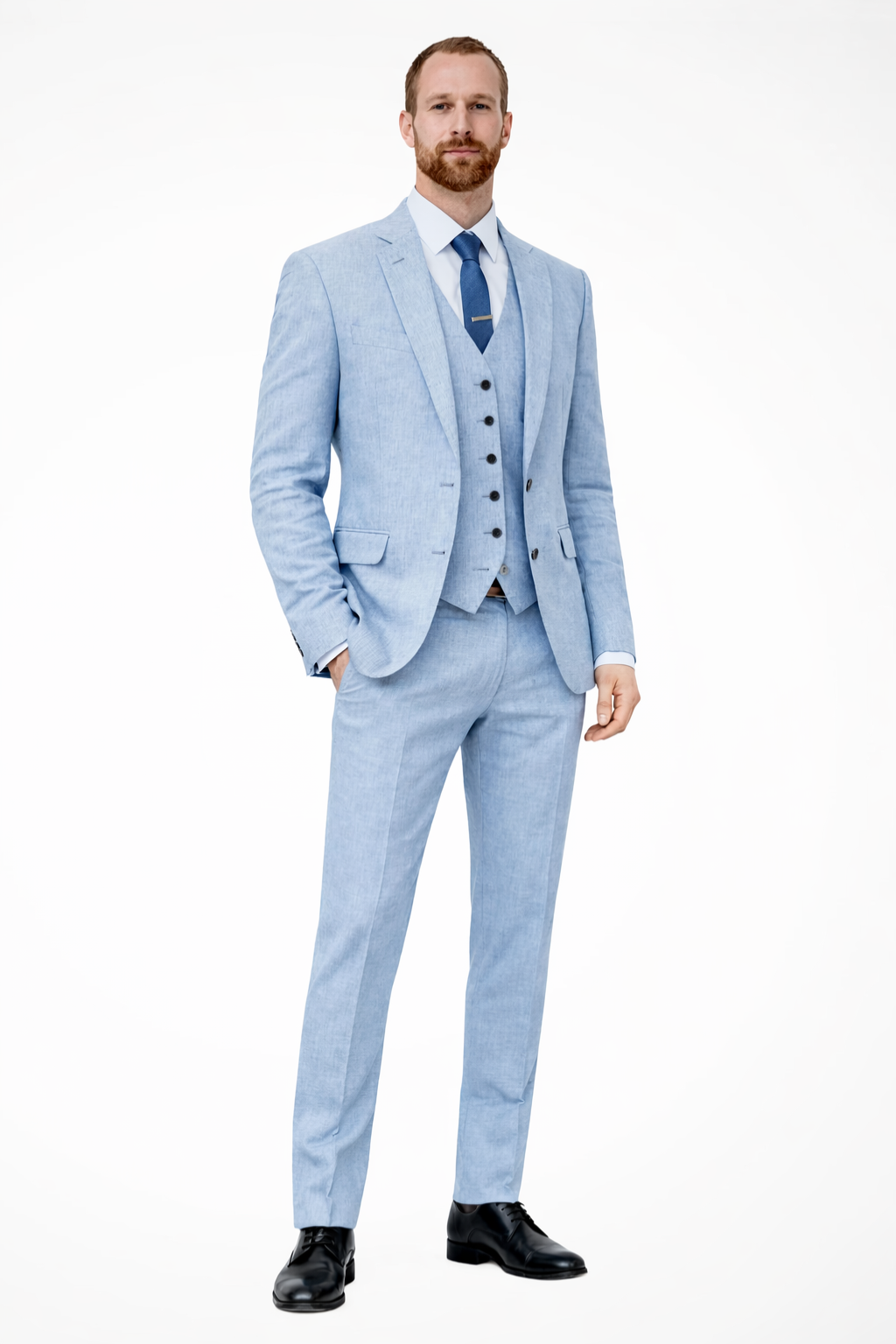 Men's Linen Three-Piece Wedding Suit Set - Blazer, Trousers, Waistcoat
