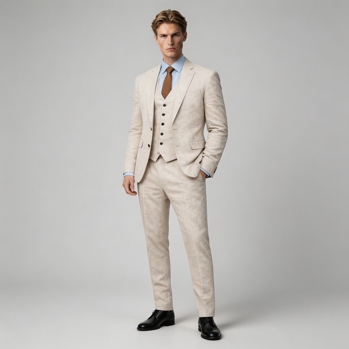 Men's Linen Three-Piece Suit Set - Blazer, Trousers, Waistcoat for Weddings