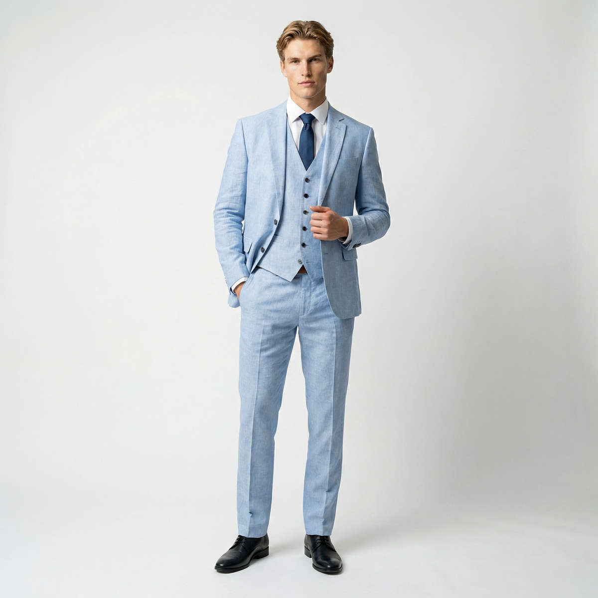 Men's Linen Three-Piece Suit Set - Blazer, Trousers, Waistcoat for Weddings