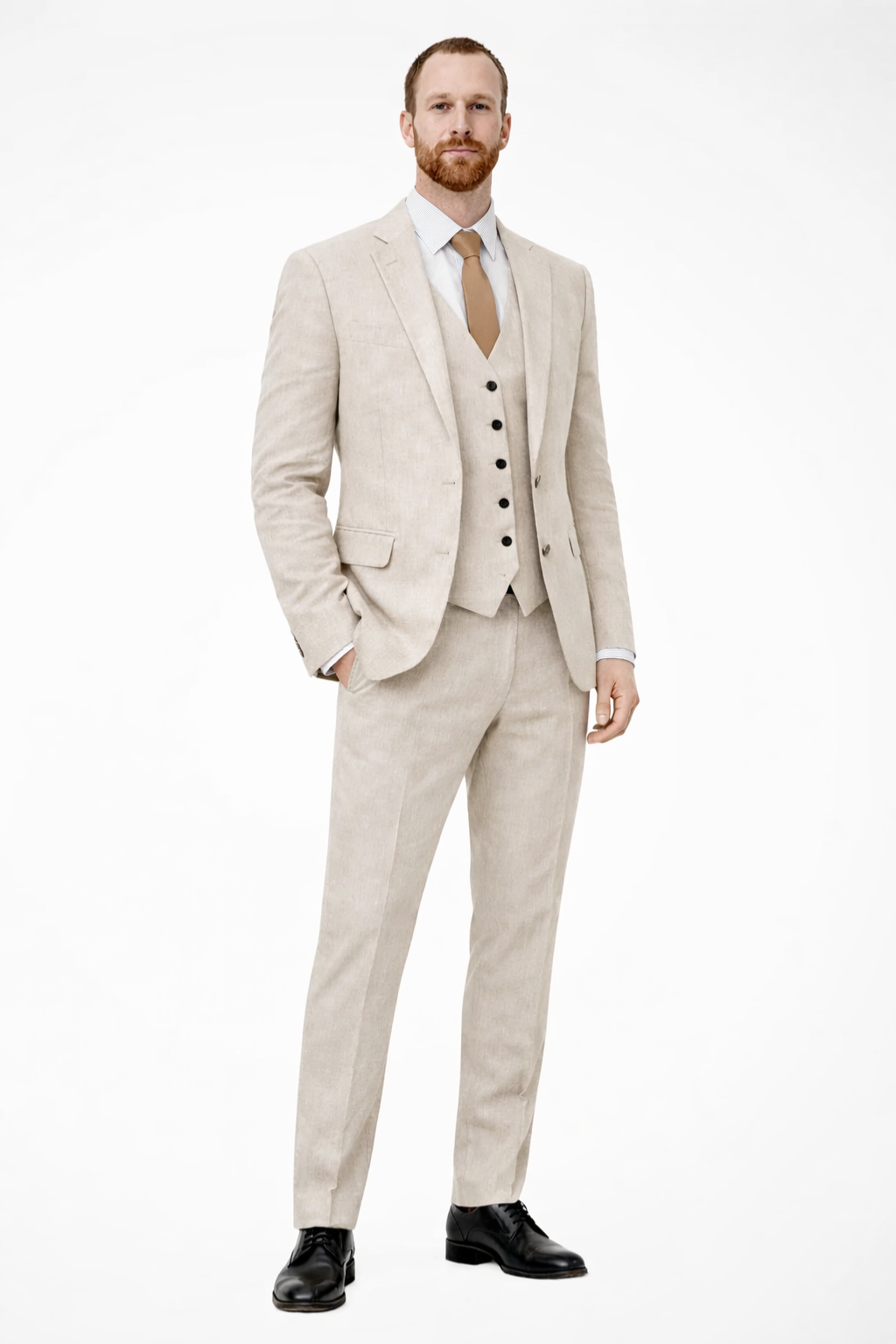 Men's Linen Three-Piece Wedding Suit Set - Blazer, Trousers, Waistcoat