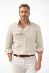 Men's Long Sleeve Cotton Linen Casual Shirt with Double Chest Pockets