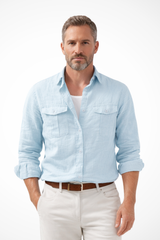 Men's Long Sleeve Cotton Linen Casual Shirt with Double Chest Pockets