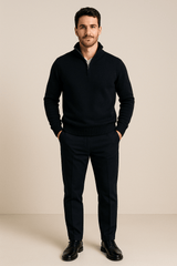 Men's Quarter-Zip High Collar Ribbed Knit Sweater for Casual Wear